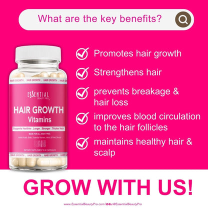 Essential Beauty Pro Hair Growth Vitamin Complex -  Amino Acids, Biotin, Herbs, Plant Sterols  6 Months Supply